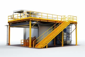 An isolated industrial mezzanine with temporary design and stairs for warehouse or factory use. Includes industrial equipment in 3D. Generative AI - obrazy, fototapety, plakaty