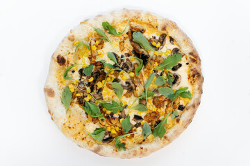Pizza with mushrooms, basil, sprat isolated on white background. Pizza top view.