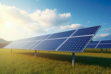 Solar power station with solar panels for producing electric power energy by green power. Technology and electrical industrial power plant concept | Generative AI