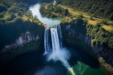 Scenic waterfall in picturesque landscape, a famous tourist destination with aerial drone view. Generative AI