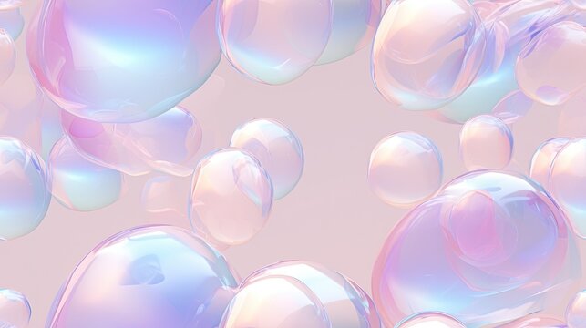 Seamless background of mix sizes iridescent pastel 3d spheres, pink, blue, purple 