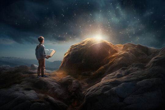illustration painting of boy standing on a rock and opened giant book with fantasy light, Fairy tale, imaginary world, fantasy, illustration of a journey through fairy tale worlds