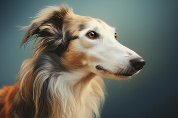 Elegant Borzoi breed dog portrait on blue background. Digital Ai.