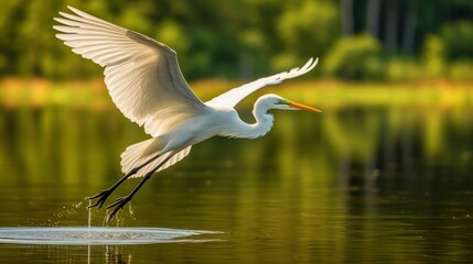 Obraz premium White heron in flight over water, on the background of nature
