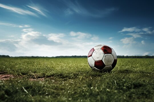 Photo of football pitch and ball. Generative AI