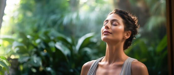 A young beautiful woman practices mindful breathing or deep relaxation techniques, in natural inviroment 