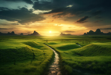 Obraz premium The path leads into a grassy field overlooking the sunset. Generative AI
