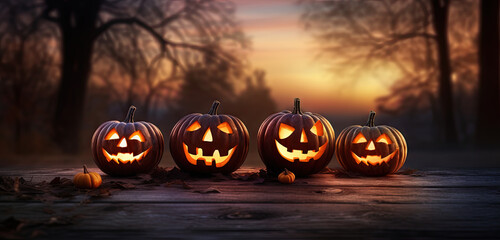 Spooky evil glowing eyes of Jack O' Lantern on a scary Halloween night. generative ai