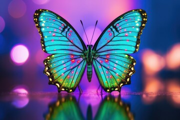 Macro Photo of Emerald Swallowtail Butterfly on pink and blue background  background