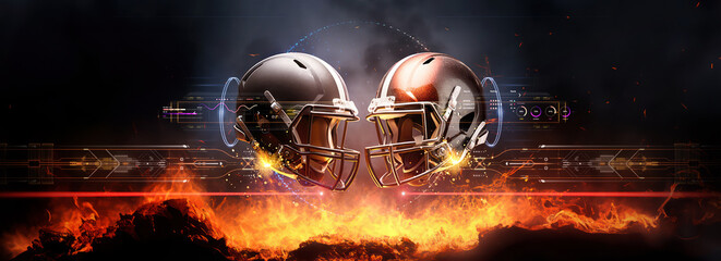 wide poster of hothead to head American football helmets challenge match advertisement banner with statistics HUD information overlays with copy space area - obrazy, fototapety, plakaty