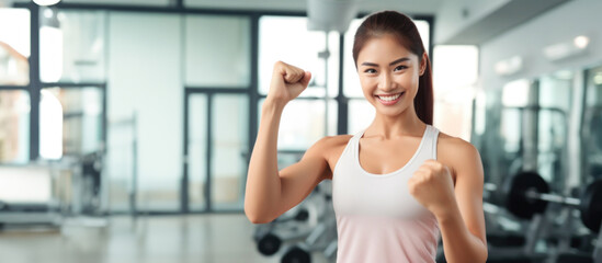 Fototapeta na wymiar Asian female fitness trainer smiling at camera in fitness background, copy space
