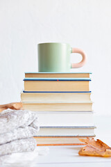 Composition with a stack of books, hot beverage in the mug and warm blanket. Cozy reading scene for cold weather with cup of coffee