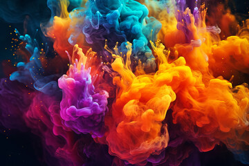 Fototapeta premium Splash of colored paint, water or smoke on a dark background, abstract pattern, bright eruption of colorful powder, Holi holiday. Generative AI