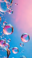 A lot of pink-purple transparent bubbles fly on a blue background - obrazy, fototapety, plakaty