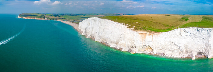An aerial drone view of the Seven Sisters cliffs on the East Sussex coast, UK