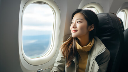 Asian young woman traveler sitting near windows and looking out the window on airplane during...