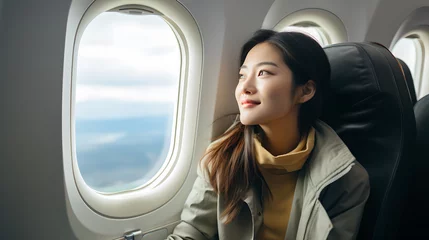 Zelfklevend Fotobehang Asian young woman traveler sitting near windows and looking out the window on airplane during flight. Alone travelling concept © AspctStyle