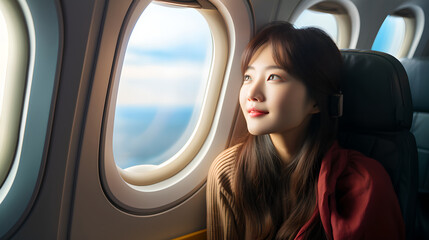 Asian young woman traveler sitting near windows and looking out the window on airplane during flight. Alone travelling concept