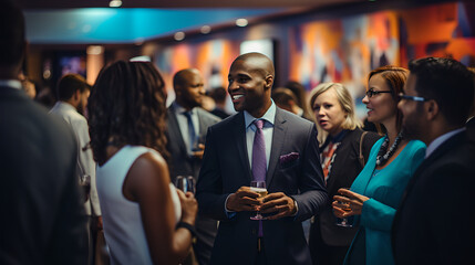 Happy businessman laughing while holding drink glass during networking event at convention center, sharing startup ideas and discussing new innovation at business conference