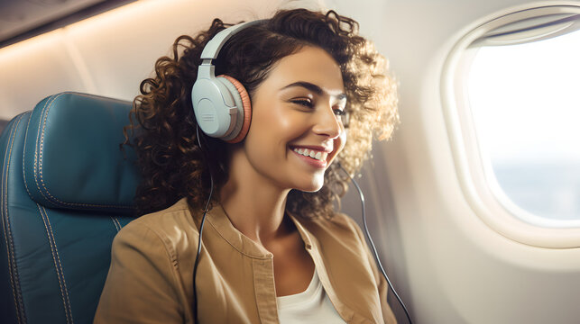 Asian young woman traveler sitting near windows listening to music through the headphones on airplane during flight. Alone travelling concept