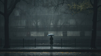 A figure standing alone under a heavy rainfall, symbolizing isolation and sadness. 