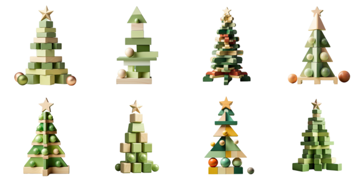 Png Set Green Christmas tree made of wood Child s construction toy set Toys made from natural materials Painted wooden cubes Delicate green element on transparent background - Powered by Adobe