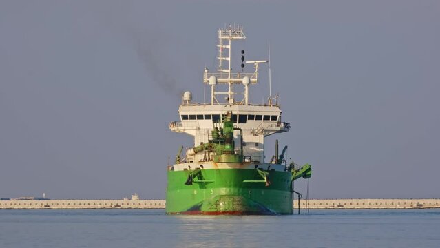 Large Industrial Maritime Engineering Ship Performing Port Maintenace Works Dredging Sea Floor