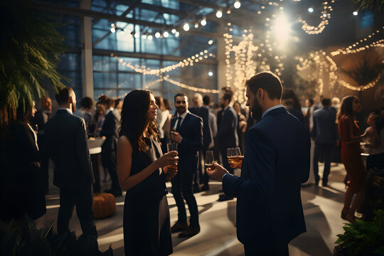 Happy businesswoman laughing while holding drink glass during networking event at convention center, sharing startup ideas and discussing new innovation at business conference