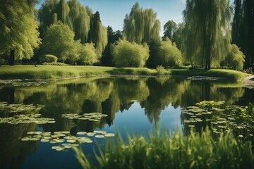 Fototapeta na wymiar Idyllic natural panorama of city spring summer park with a pond that reflects the surroundings