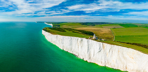 An aerial drone view of the Seven Sisters cliffs on the East Sussex coast, UK - obrazy, fototapety, plakaty