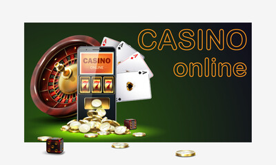 Illustration Online Jackpot casino . Smartphone with casino slot machine and golden realistic coins . Playing card,dice ,roulette wheel . Vector gambling illustration