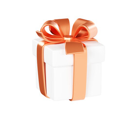 White closed gift box with bronze ribbon and bow 3d render illustration