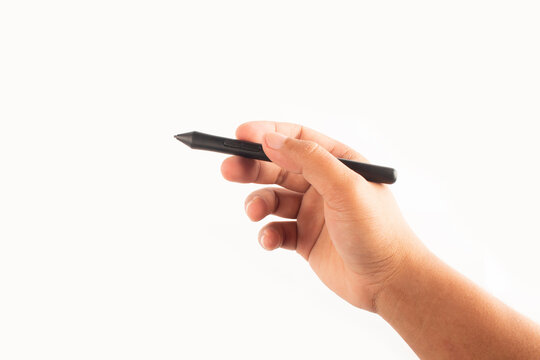 photo of hand holding pen isolated on white background