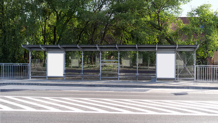 New bus station or public transport stop with white canvas on billboards
