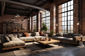 Urban loft interior, metal framework, large windows. Detailed 3D rendering. Concept of industrial-inspired living space.