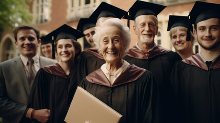 elderly woman graduated from the university with her diploma and several students in high definition and high sharpness. concept degree, third age - obrazy, fototapety, plakaty