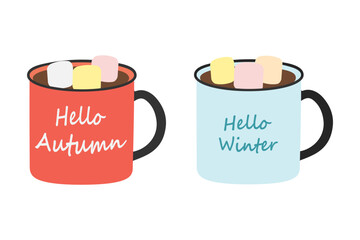 Set of 2 Mugs with 2 seasonal lettering Hello autumn, Hello winter, wam drink and marshmallow cubes
