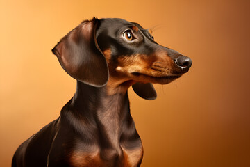 Playful Dachshund dog portrait on orange background. Digital Ai.