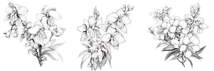 Png Set Monochrome illustration of Asian floral design transparent background