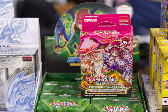 GUAYAQUIL, ECUADOR - AUG 06, 2023 - A display of Yu-gi-oh playing cards.  TV series and comics, anime, manga,