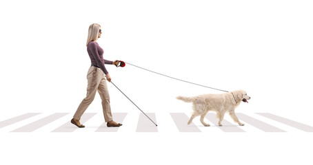 Full length profile shot of a young blind woman with a dog on a lead crossing a street
