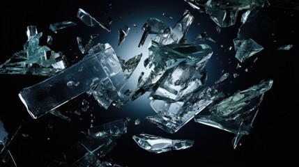 Close-up of a broken glass object against a completely black background. - obrazy, fototapety, plakaty
