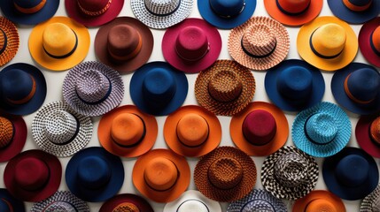An image of colorful and stylish hats arranged in a pattern.