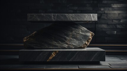 An elegant and modern podium made of natural granite stones on a dark background.