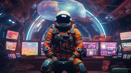 An astronaut with a classic 80s aesthetic, adorned with neon lights.