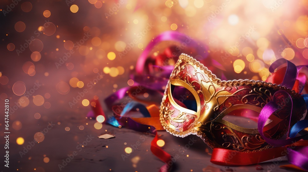 Poster carnival party - venetian mask with abstract defocused lights created with generative ai