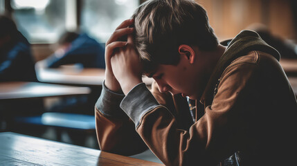 Bullying at high school concept. Upset bullied teen boy suffering sitting against the blurred classroom. Hands holding his head, hiding his face and crying.  - obrazy, fototapety, plakaty