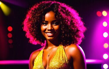 Naklejka na ściany i meble Beautiful african american woman with curly hair posing in nightclub.