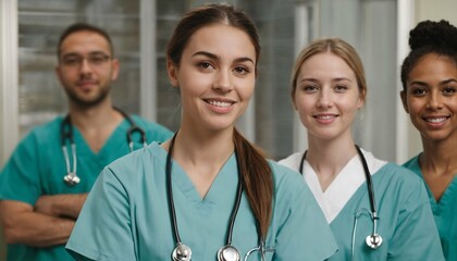 Fototapeta premium Nursing student in hospital - young intern dressed in scrubs, standing with team, doctor training