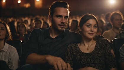 Couple enjoying in a movie theater embraced portrait photograph, date night, romance, love